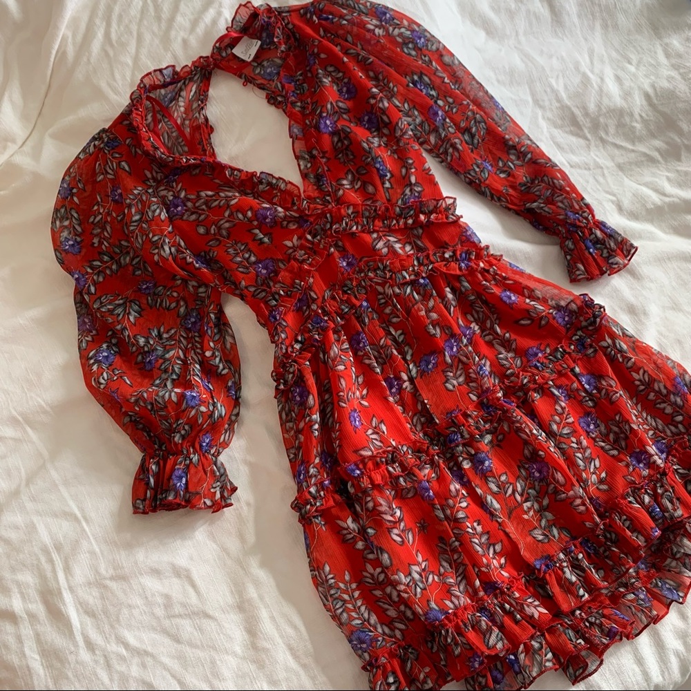 Laney Cutout Back Ruffle Trim Dress - Red Floral